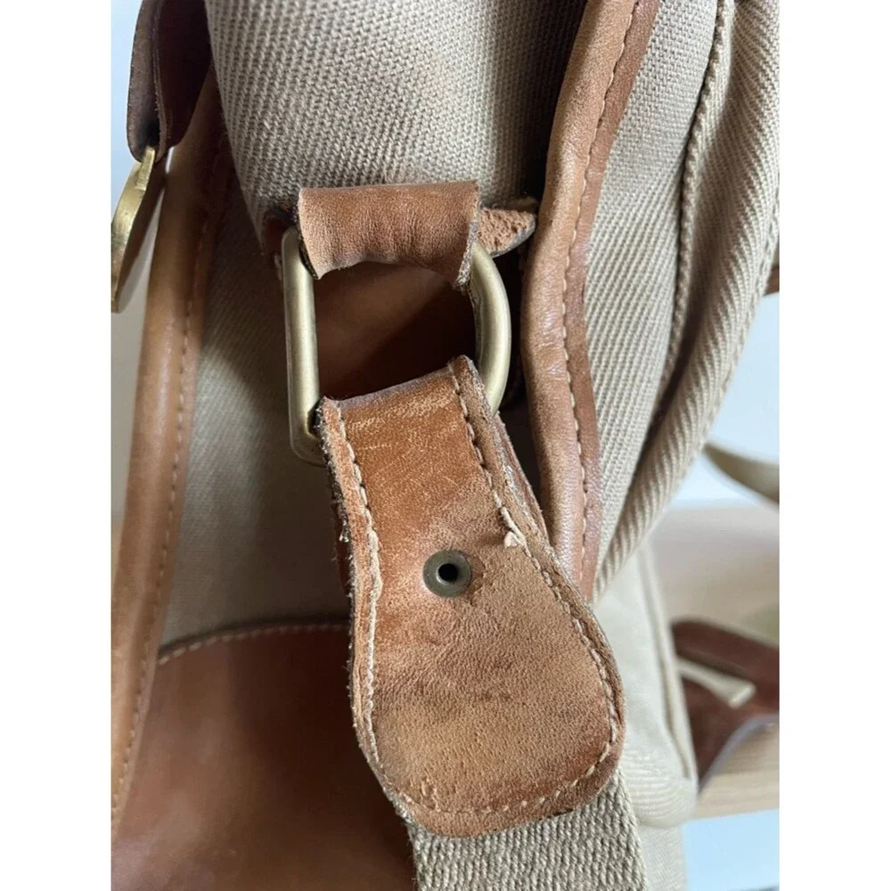 Brahmin x Sperry canvas vintage messenger laptop bag beige brown leather trim